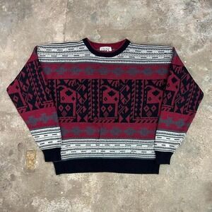 Vintage 90s Trend Basics Geometric Sweater Size XL Red Tribal Pull Over Boho